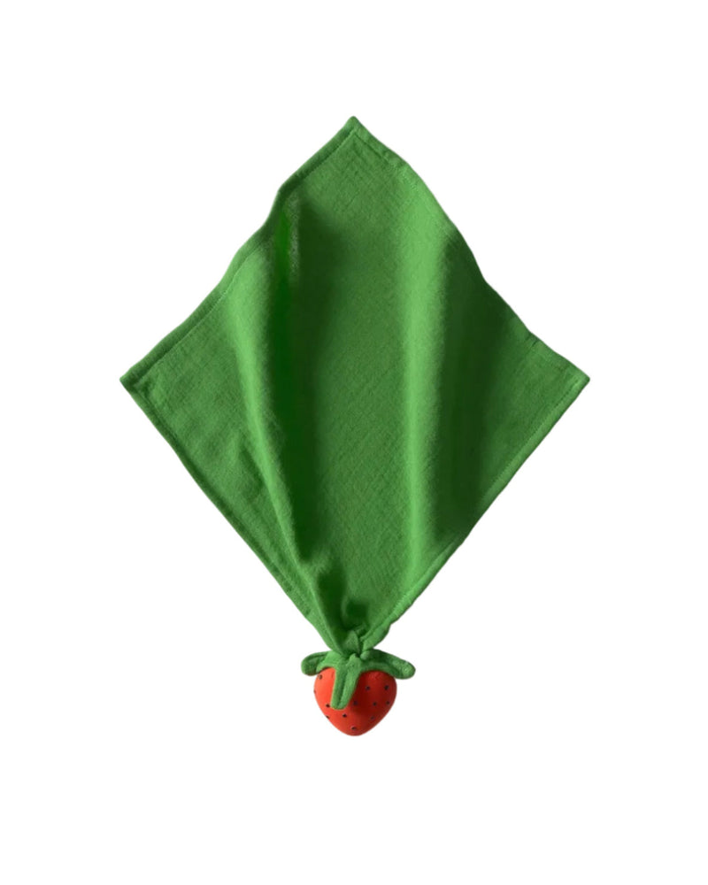 Green fabric with a strawberry-shaped knot on a white background