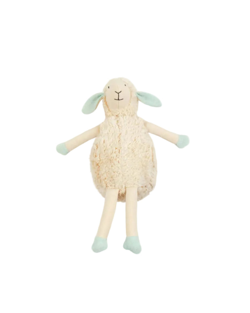 Plush toy sheep with green ears and feet on a white background