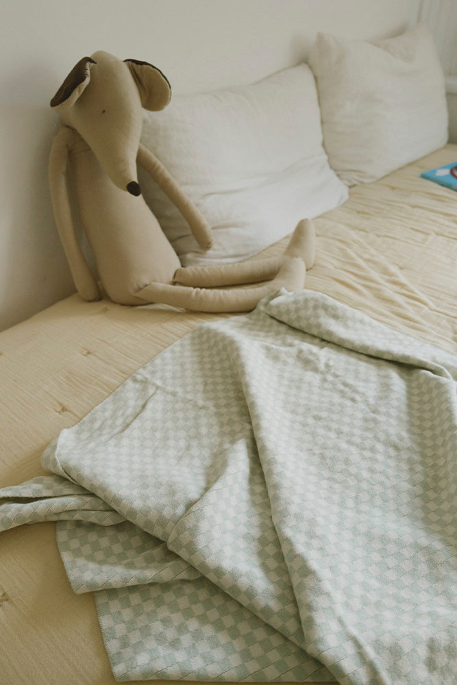 knitted blanket tiles / blue sage