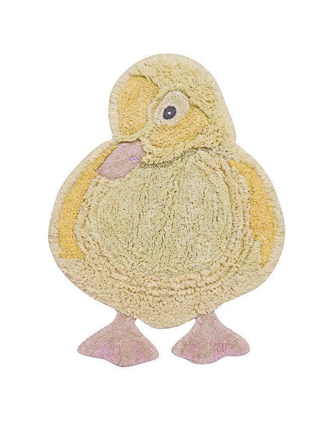 Yellow duck-shaped bath mat on a white background