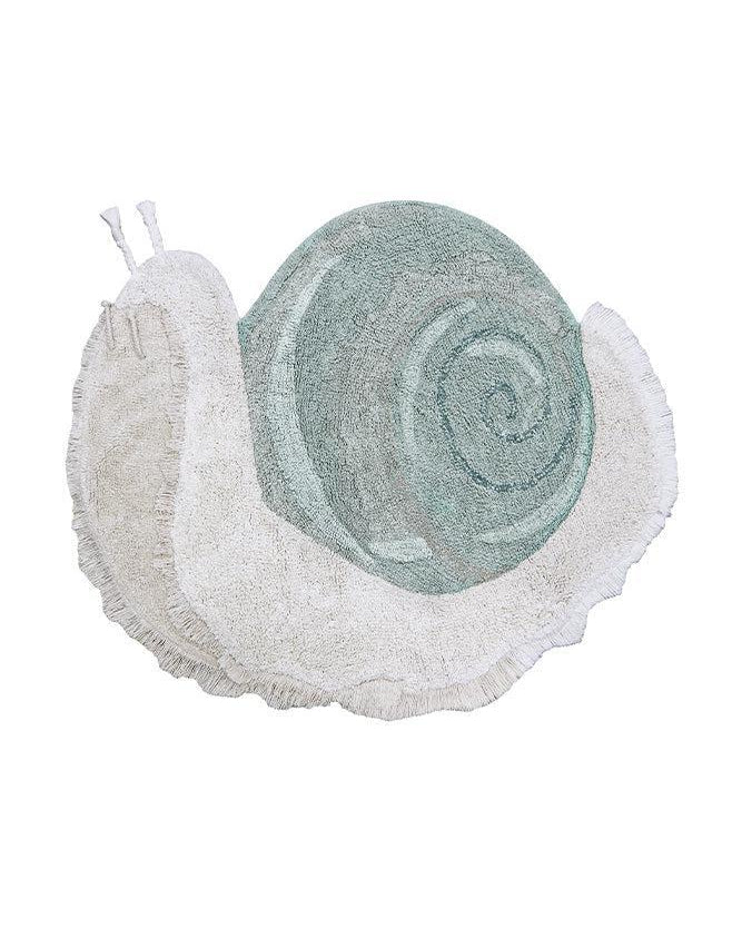 Snail-shaped bath mat with textured shell and body on a white background