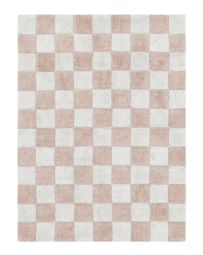 Checkered rug with pink and white squares on a white background