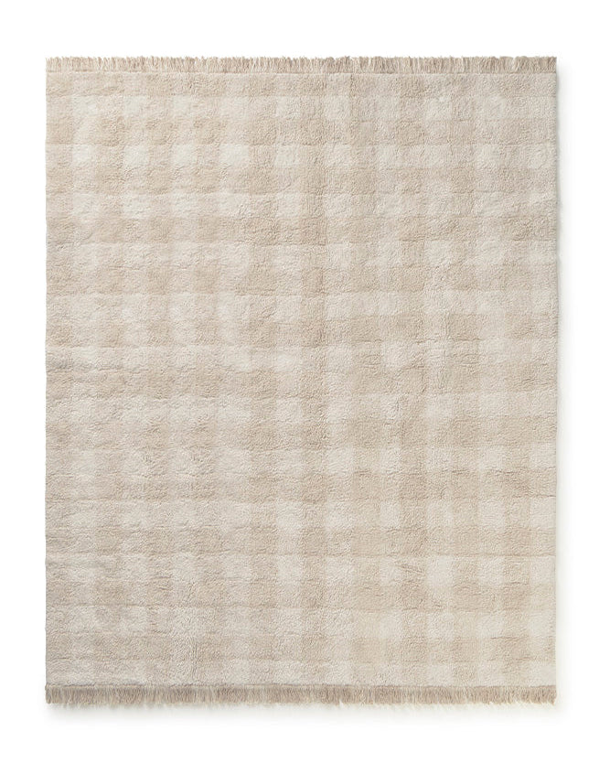 Beige area rug with a textured pattern on a white background