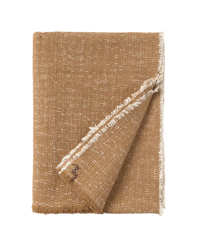 Textured brown blanket with frayed edges on a white background