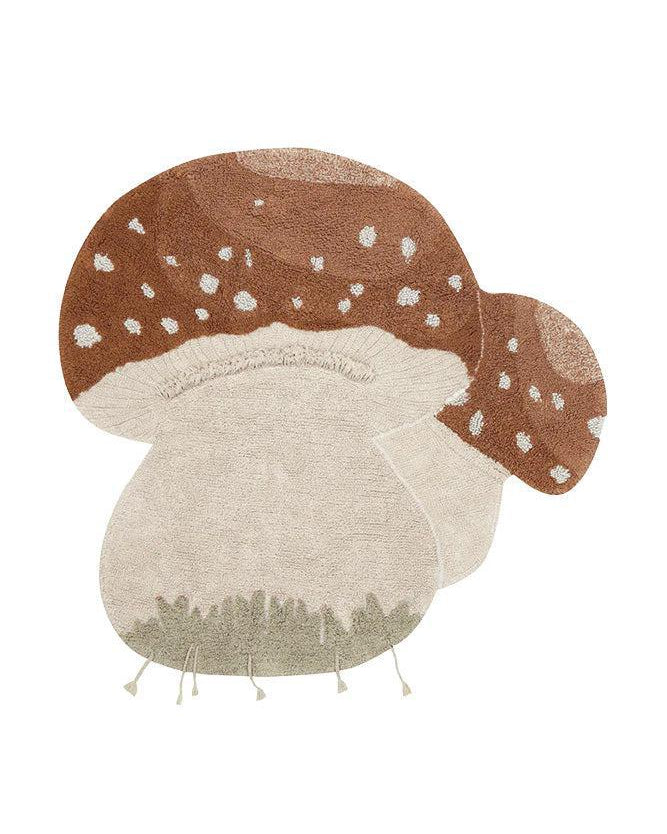 Mushroom-shaped rug with brown cap and beige stem on a white background