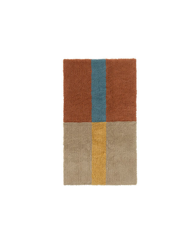 Rectangular rug with a geometric design featuring brown, blue, and beige colors on a white background.